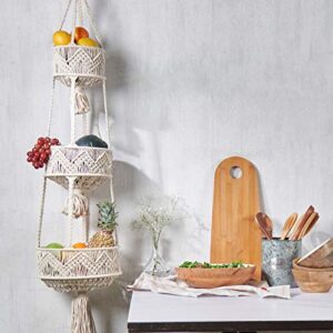 Folkulture 3 Tier Hanging Fruit Basket for Kitchen, Macrame Hanging Basket for Fruit and Vegetable Storage, Boho Wall Baskets for Organizing, Boho Decor for Indoor Plants, 46 Inches Long