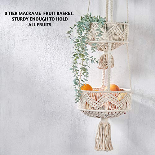 Folkulture 3 Tier Hanging Fruit Basket for Kitchen, Macrame Hanging Basket for Fruit and Vegetable Storage, Boho Wall Baskets for Organizing, Boho Decor for Indoor Plants, 46 Inches Long