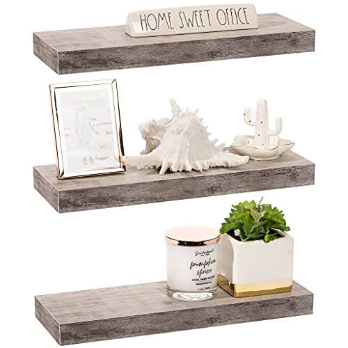 Sorbus Floating Shelf Set — Rustic Wood Hanging Rectangle Wall Shelves — Perfect for Home Décor, Trophy Display, Photo Frames, and More