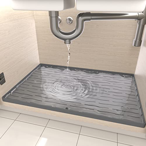 Under Sink Mats, 34'' x 22'' Silicone Under Sink Liner Drip Tray with Drain Hole, Kitchen Waterproof Sink Cabinet Protector for Water Drips, Leaks, Spills - Heavy Duty | Gray