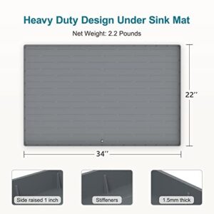 Under Sink Mats, 34'' x 22'' Silicone Under Sink Liner Drip Tray with Drain Hole, Kitchen Waterproof Sink Cabinet Protector for Water Drips, Leaks, Spills - Heavy Duty | Gray