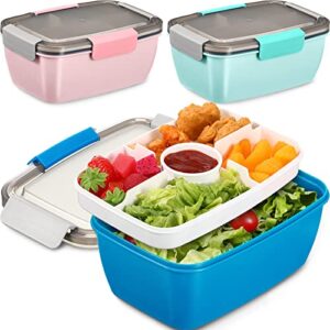 hotop 3 packs salad lunch container 68 oz large bento lunch box adult salad bowl with 5 compartments salad dressings container bento style tray for toppings,blue,green,pink