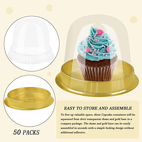 WYOMER 50 Pack 4inch Gold Single Cupcake Boxes with Lid Plastic Individual Cupcake Container Single Cupcake Holder
