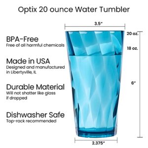 US Acrylic Optix 20 ounce Plastic Water Tumblers in Jewel Tone Colors | Set of 8 Drinking Cups | Reusable, BPA-free, Made in the USA, Top-rack Dishwasher Safe