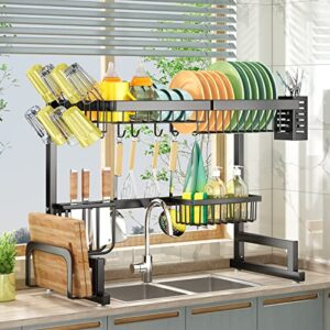 sntd dish drying rack, over the sink dish drying rack adjustable (from 26.9″ to 34.7″), 2 tier dish rack with utensil holder sink caddy stainless steel dish drainer for kitchen counter, black