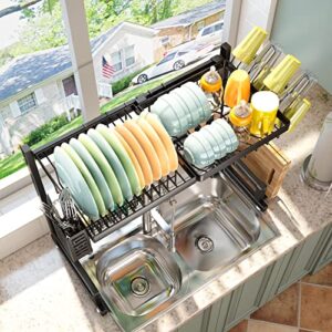 SNTD Dish Drying Rack, Over The Sink Dish Drying Rack Adjustable (from 26.9" to 34.7"), 2 Tier Dish Rack with Utensil Holder Sink Caddy Stainless Steel Dish Drainer for Kitchen Counter, Black