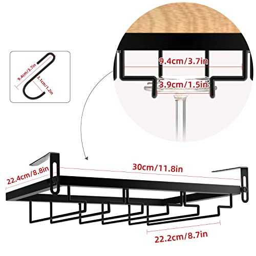 Wine Glass Rack Under Cabinet, BUDO 3 Rows Nail Free Wine Glass Holder Under Shelf, Adjustable Stemware Storage Drying Hanger Organizer for Kitchen Cabinet Bar (Black)