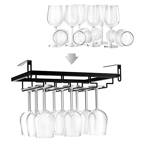 Wine Glass Rack Under Cabinet, BUDO 3 Rows Nail Free Wine Glass Holder Under Shelf, Adjustable Stemware Storage Drying Hanger Organizer for Kitchen Cabinet Bar (Black)