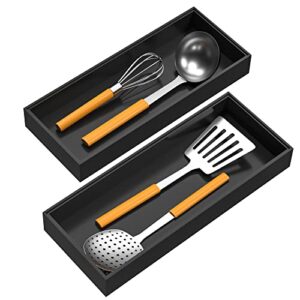 veyfey bamboo drawer organizer, stackable utensil organizer for kitchen, black silverware tray for drawer 15″ x 6″ x 2″ set of 2