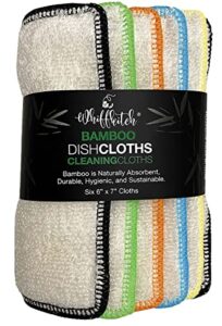 whiffkitch bamboo dishcloths for kitchen and multi surface cleaning, 6″x7″ 6pk set, reusable, washable, scrub-non-scratch, extra absorbent, quick drying, eco friendly rags, household essential cloths