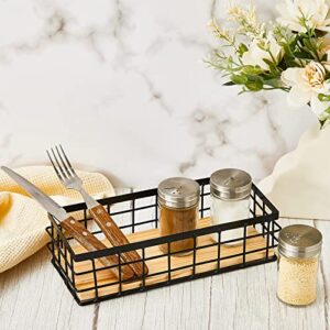 2 Pieces Small Metal Wire Basket Toilet Paper Basket Black Wire Bathroom Storage Organizer with Wooden Base Rectangular Wall Mounted Metal Basket for Kitchen Countertop (9.84 x 3.94 x 2.76 Inches)