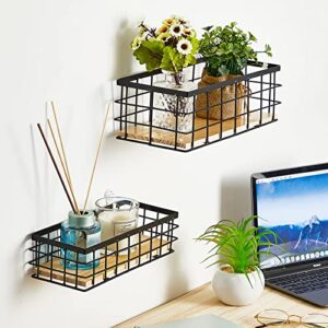 2 Pieces Small Metal Wire Basket Toilet Paper Basket Black Wire Bathroom Storage Organizer with Wooden Base Rectangular Wall Mounted Metal Basket for Kitchen Countertop (9.84 x 3.94 x 2.76 Inches)