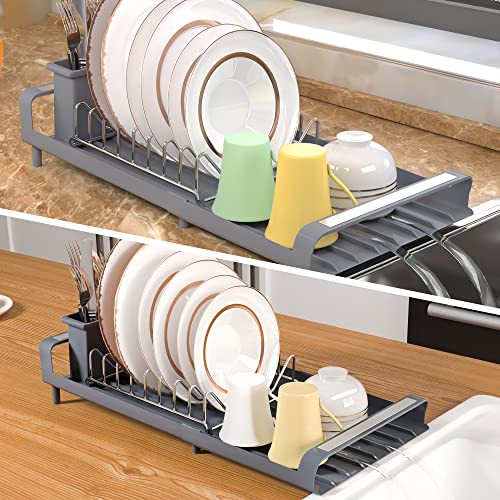 PETXPERT Dish Drying Rack, Expandable Dish Rack for Kitchen Counter with Utensil Holder, Stainless Steel Small Dish Drainer Organizer with Drainboard for Kitchen in Sink (Grey)