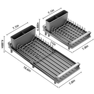 PETXPERT Dish Drying Rack, Expandable Dish Rack for Kitchen Counter with Utensil Holder, Stainless Steel Small Dish Drainer Organizer with Drainboard for Kitchen in Sink (Grey)