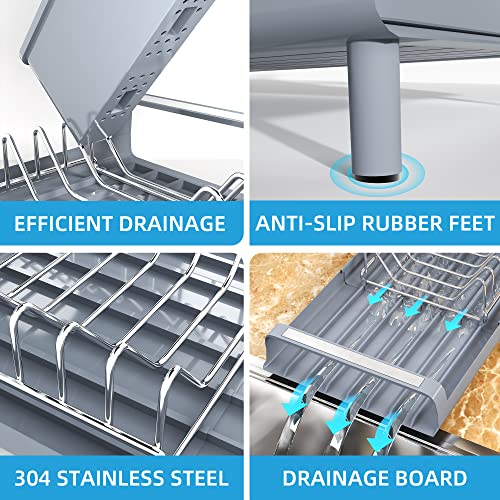 PETXPERT Dish Drying Rack, Expandable Dish Rack for Kitchen Counter with Utensil Holder, Stainless Steel Small Dish Drainer Organizer with Drainboard for Kitchen in Sink (Grey)