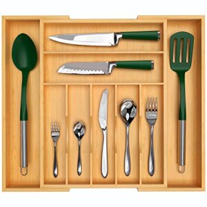 luxury bamboo kitchen drawer organizer – silverware organizer – utensil holder and cutlery tray with grooved drawer dividers for flatware and kitchen utensils (9 slot, natural)