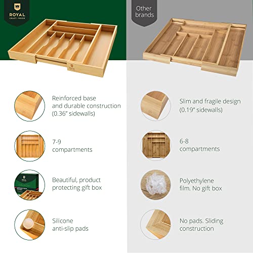 Luxury Bamboo Kitchen Drawer Organizer - Silverware Organizer - Utensil Holder and Cutlery Tray with Grooved Drawer Dividers for Flatware and Kitchen Utensils (9 Slot, Natural)