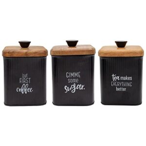 auldhome farmhouse black enamelware canisters (set of 3); storage containers for coffee, tea and sugar in black enamel and wood design