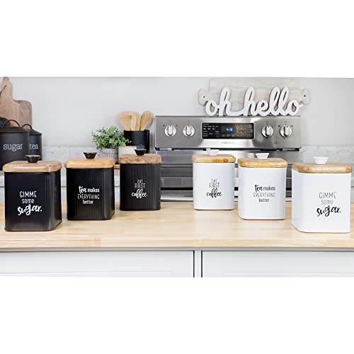 AuldHome Farmhouse Black Enamelware Canisters (Set of 3); Storage Containers for Coffee, Tea and Sugar in Black Enamel and Wood Design