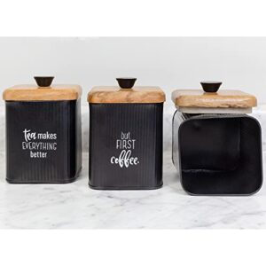 AuldHome Farmhouse Black Enamelware Canisters (Set of 3); Storage Containers for Coffee, Tea and Sugar in Black Enamel and Wood Design