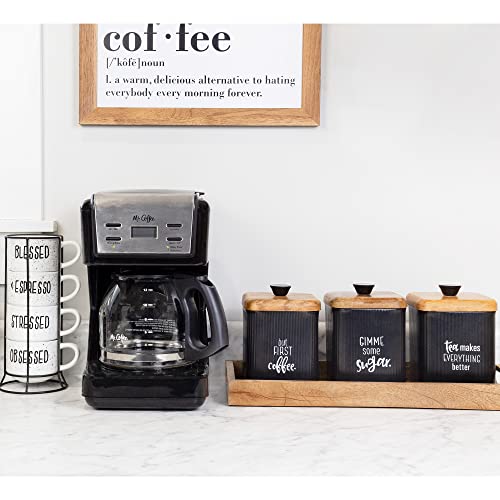 AuldHome Farmhouse Black Enamelware Canisters (Set of 3); Storage Containers for Coffee, Tea and Sugar in Black Enamel and Wood Design