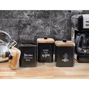 AuldHome Farmhouse Black Enamelware Canisters (Set of 3); Storage Containers for Coffee, Tea and Sugar in Black Enamel and Wood Design