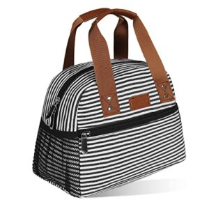 lunch bag for women insulated lunch box with pockets durable and small lunch tote bag for work, school and picnic (white stripe)
