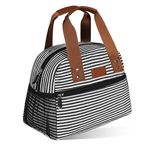 Lunch Bag for Women Insulated Lunch Box with Pockets Durable and Small Lunch Tote Bag for Work, School and Picnic (White Stripe)