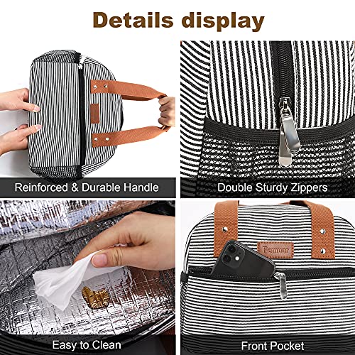 Lunch Bag for Women Insulated Lunch Box with Pockets Durable and Small Lunch Tote Bag for Work, School and Picnic (White Stripe)