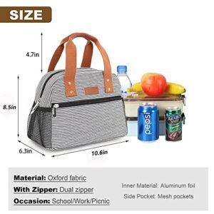 Lunch Bag for Women Insulated Lunch Box with Pockets Durable and Small Lunch Tote Bag for Work, School and Picnic (White Stripe)