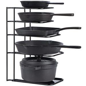 toplife heavy duty pan organizer, 5 tier pot and pan organizer rack for cast iron skillets, griddles and pots – durable steel construction- no assembly required – black