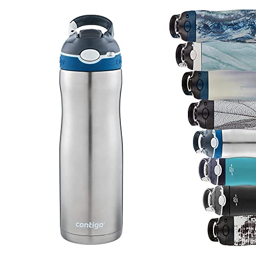 Contigo Ashland Chill Autospout Water Bottle with Flip Straw, Stainless Steel Thermal Drinking Bottle,Leakproof,Grey, BLue, 590 ml