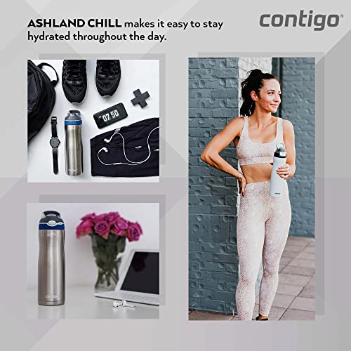 Contigo Ashland Chill Autospout Water Bottle with Flip Straw, Stainless Steel Thermal Drinking Bottle,Leakproof,Grey, BLue, 590 ml
