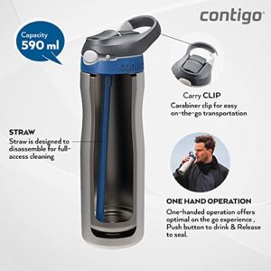 Contigo Ashland Chill Autospout Water Bottle with Flip Straw, Stainless Steel Thermal Drinking Bottle,Leakproof,Grey, BLue, 590 ml