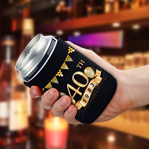 40th Birthday Can Cooler Sleeves Pack of 12-1983 Sign - 40th Birthday Party Supplies - 40th Anniversary Decorations - Black and Gold Fortieth Birthday Cup Coolers