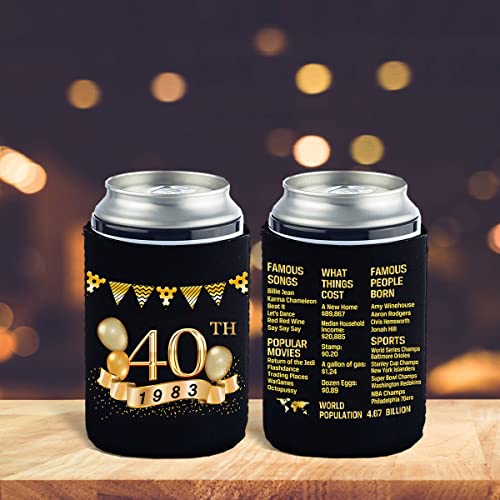 40th Birthday Can Cooler Sleeves Pack of 12-1983 Sign - 40th Birthday Party Supplies - 40th Anniversary Decorations - Black and Gold Fortieth Birthday Cup Coolers