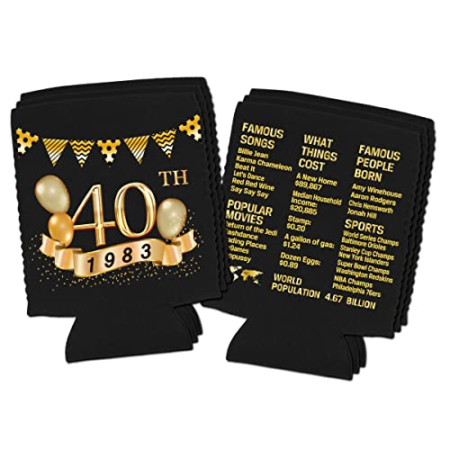 40th Birthday Can Cooler Sleeves Pack of 12-1983 Sign - 40th Birthday Party Supplies - 40th Anniversary Decorations - Black and Gold Fortieth Birthday Cup Coolers