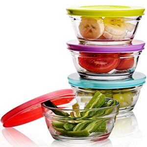 small glass storage containers with lids, stackable bowls, set of 4 with multi-colored bpa free lids for cooking prep, sauce, custard, snack, condiments, 8.5 oz capacity