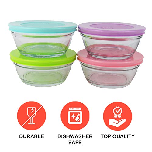 Small Glass Storage Containers with Lids, Stackable Bowls, Set of 4 with Multi-Colored BPA Free Lids for Cooking Prep, Sauce, Custard, Snack, Condiments, 8.5 oz Capacity