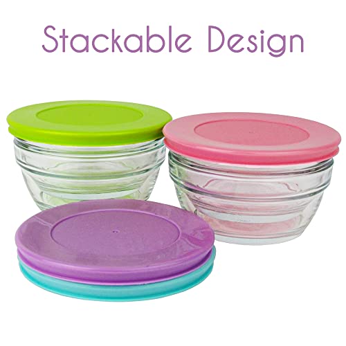 Small Glass Storage Containers with Lids, Stackable Bowls, Set of 4 with Multi-Colored BPA Free Lids for Cooking Prep, Sauce, Custard, Snack, Condiments, 8.5 oz Capacity