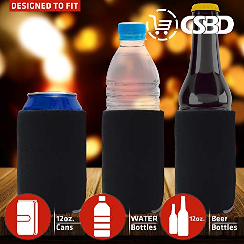 CSBD Beer Can Coolers Sleeves, Soft Insulated Reusable Drink Caddies for Water Bottles or Soda, Collapsible Blank DIY Customizable for Parties, Events or Weddings, Bulk (12, Black)