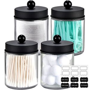 4 pack apothecary jars bathroom vanity storage organizer set -countertop canister with stainless steel lids &cute stickers – qtip dispenser holder for qtips,cotton swabs,makeup sponges(black)
