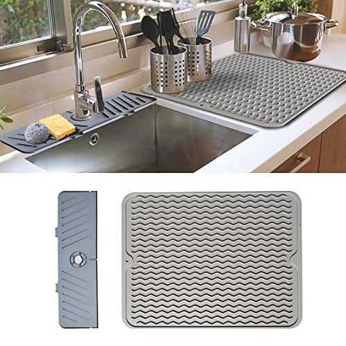 Dish Drying Mat Faucet Splash Guard Kits, Kitchen Bathroom Silicone Faucet Mat Sink Water Splash Guard, Silicone Mat Heat Resistant Mat Drying Mat for Kitchen Counter (Grey)