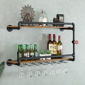 botaoyiyi wine rack wall mounted 2 tier, hanging floating bar liquor shelves with glass holder storage under, industrial rustic pipe farmhouse kitchen decor black(35.4×10.6×19.7)