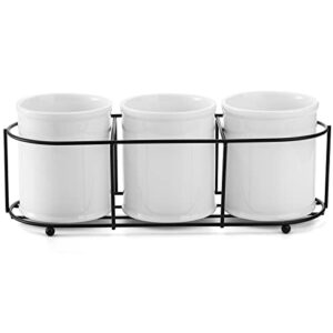 Bekith 3-Piece Ceramic Silverware Caddy with Metal Rack, Utensil Holder Flatware Caddy Cutlery Storage Organizer for Kitchen Table, Cabinet or Pantry