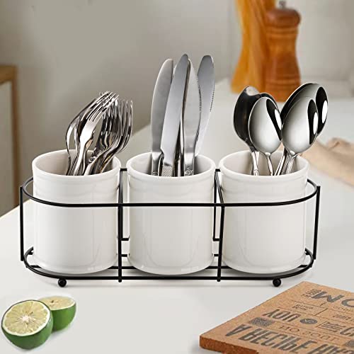 Bekith 3-Piece Ceramic Silverware Caddy with Metal Rack, Utensil Holder Flatware Caddy Cutlery Storage Organizer for Kitchen Table, Cabinet or Pantry