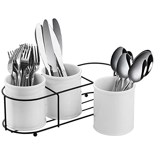 Bekith 3-Piece Ceramic Silverware Caddy with Metal Rack, Utensil Holder Flatware Caddy Cutlery Storage Organizer for Kitchen Table, Cabinet or Pantry