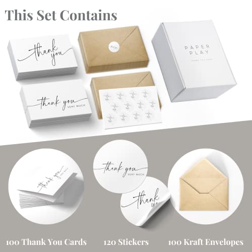 Thank You Cards with Kraft Envelopes and Matching Stickers, Bulk Pack of 100, 4x6 Inch Minimalistic Design | Suitable for Business, Baby Shower, Wedding, Small Business, Graduation, Bridal Shower, Funeral