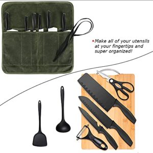 HRX Package Waxed Canvas Knife Roll, Portable Chef Knife Bag Carrying Case Small Butcher Knife Cutlery Carrier for Travel Camping