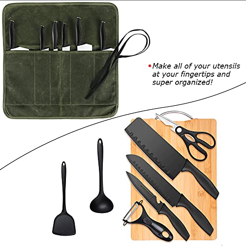 HRX Package Waxed Canvas Knife Roll, Portable Chef Knife Bag Carrying Case Small Butcher Knife Cutlery Carrier for Travel Camping